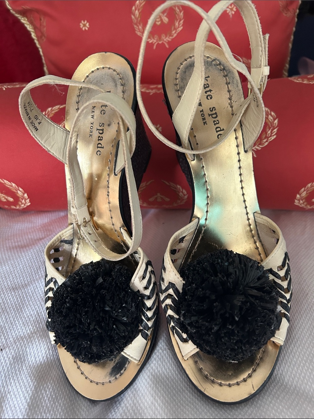 kate spade Cream and Black Pom-Pom Wedge Sandals